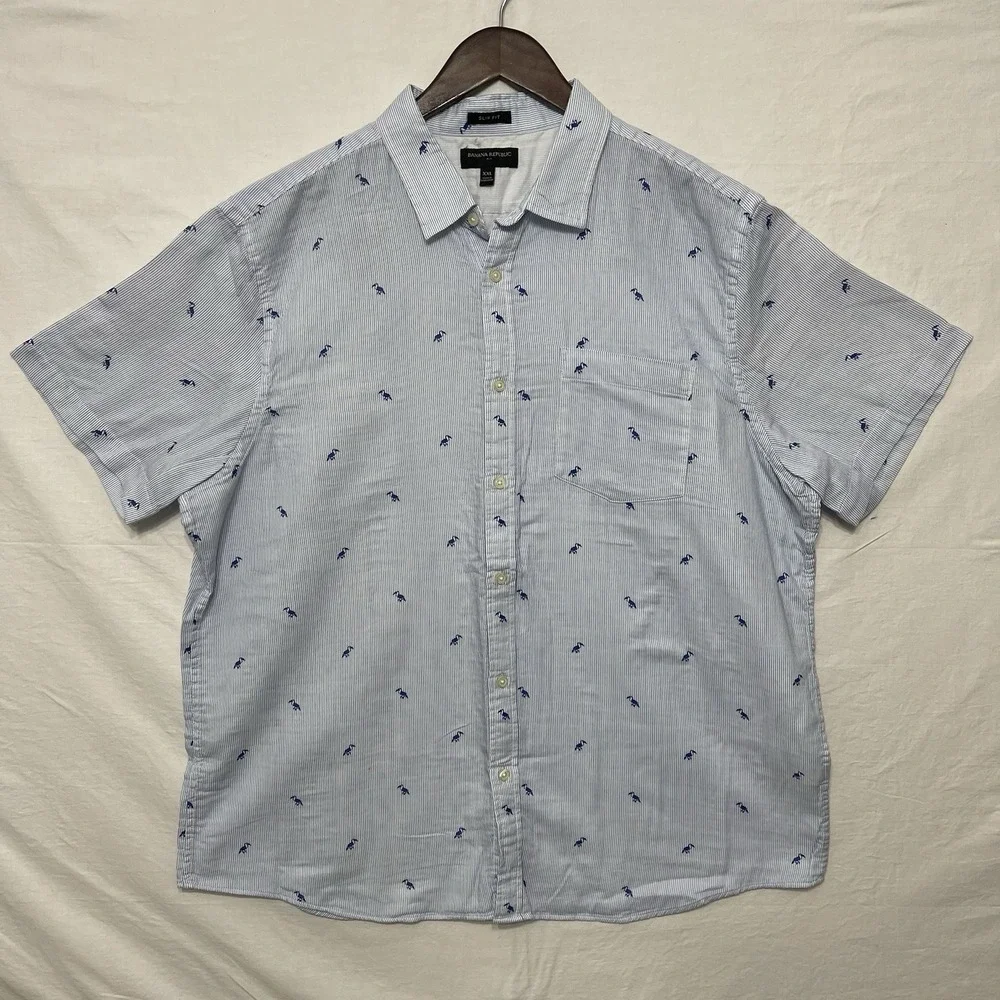 Banana Republic Slim Fit XXL Blue Stripe Tucan Short Sleeve Shirt Summer 2021
